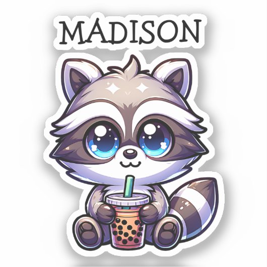 Schattigee Kawaii Raccoon met Bubble Tea Gepersona Sticker (Voorkant)