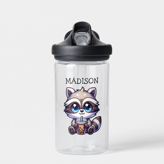 Schattigee Kawaii Raccoon met Bubble Tea Gepersona Waterfles (Voorkant)