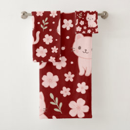 Schattigee Kawaii Roze Katten en Bloemen Handdoek 