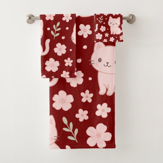 Schattigee Kawaii Roze Katten en Bloemen Handdoek  (Insitu)