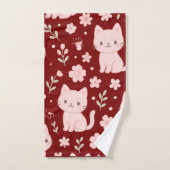 Schattigee Kawaii Roze Katten en Bloemen Handdoek  (Handdoek)
