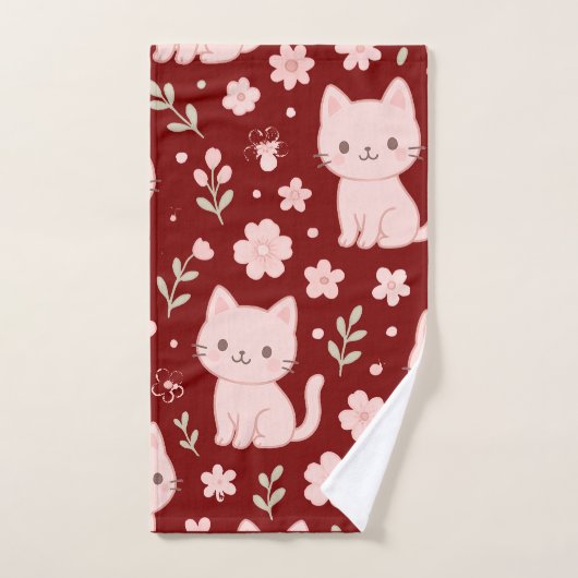 Schattigee Kawaii Roze Katten en Bloemen Handdoek (Handdoek)