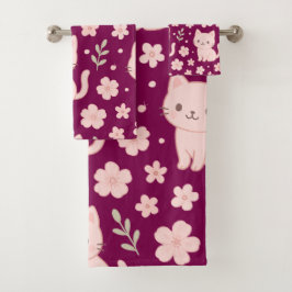 Schattigee Kawaii Roze Katten en Bloemen Handdoek 