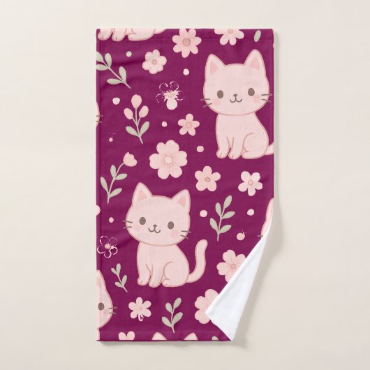 Schattigee Kawaii Roze Katten en Bloemen Handdoek  (Handdoek)