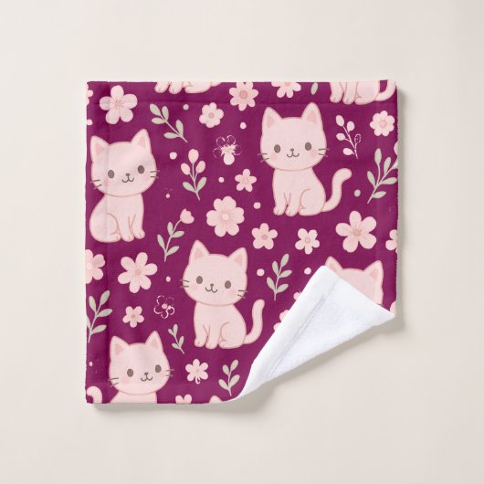 Schattigee Kawaii Roze Katten en Bloemen Handdoek  (Wasdoekje)