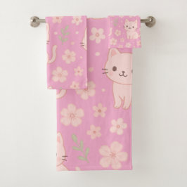 Schattigee Kawaii Roze Katten en Bloemen Handdoek 