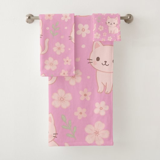 Schattigee Kawaii Roze Katten en Bloemen Handdoek  (Insitu)