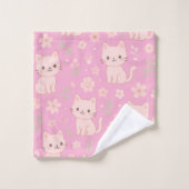 Schattigee Kawaii Roze Katten en Bloemen Handdoek  (Wasdoekje)
