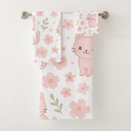 Schattigee Kawaii Roze Katten en Bloemen Handdoek 