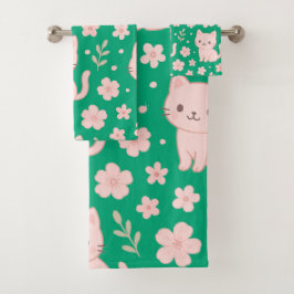 Schattigee Kawaii Roze Katten en Bloemen Handdoek 