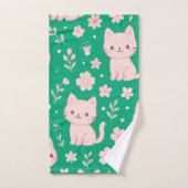 Schattigee Kawaii Roze Katten en Bloemen Handdoek  (Handdoek)