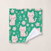 Schattigee Kawaii Roze Katten en Bloemen Handdoek  (Wasdoekje)