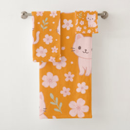 Schattigee Kawaii Roze Katten en Bloemen Handdoek 