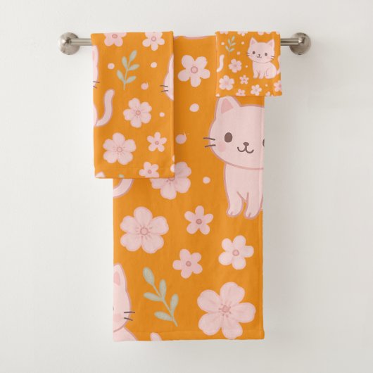 Schattigee Kawaii Roze Katten en Bloemen Handdoek (Insitu)