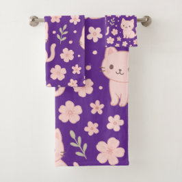 Schattigee Kawaii Roze Katten en Bloemen Handdoek 