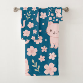 Schattigee Kawaii Roze Katten en Bloemen Handdoek 