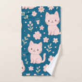 Schattigee Kawaii Roze Katten en Bloemen Handdoek  (Handdoek)