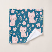 Schattigee Kawaii Roze Katten en Bloemen Handdoek  (Wasdoekje)