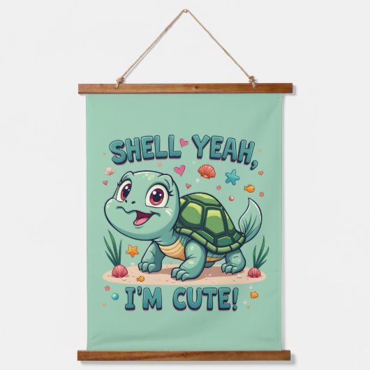 Schattigee Kawaii Schildpad met Grappige Pun Ocean Hangend Wandkleed (Voorkant)