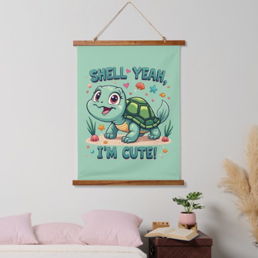 Schattigee Kawaii Schildpad met Grappige Pun Ocean Hangend Wandkleed (Slaapkamer)