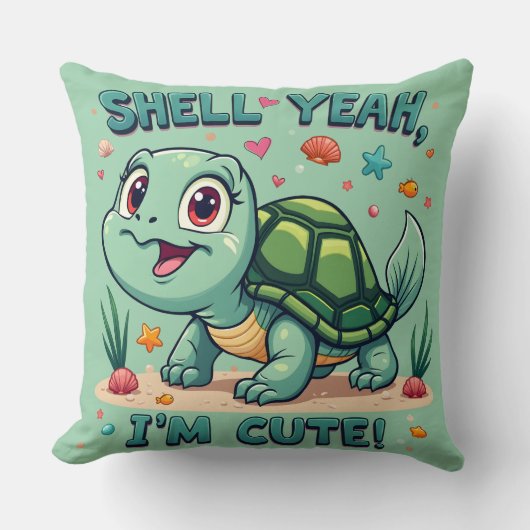 Schattigee Kawaii Schildpad met Grappige Pun Ocean Kussen (Voorkant)