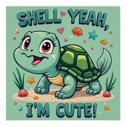 Schattigee Kawaii Schildpad met Grappige Pun Ocean Perfect Poster (Voorkant)
