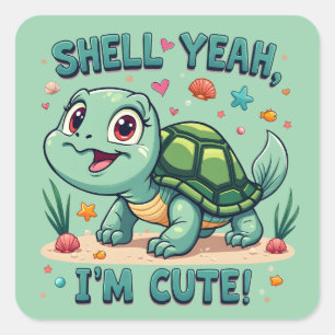 Schattigee Kawaii Schildpad met Grappige Pun Ocean Vierkante Sticker