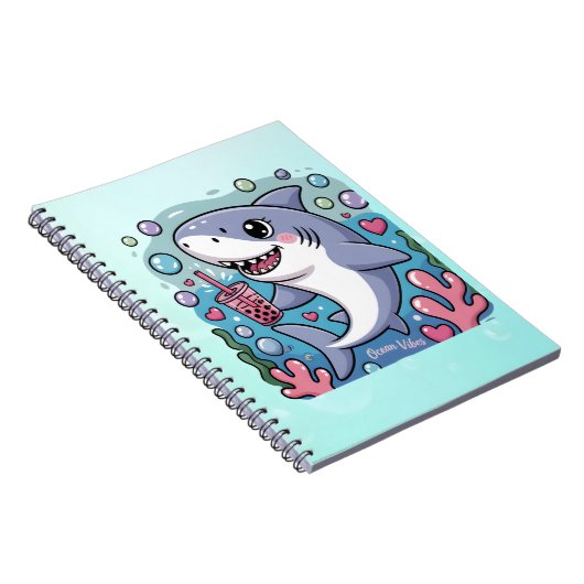 Schattigee Kawaii Shark Boba Tea blauw en roze Notitieboek (Rechterzijde)