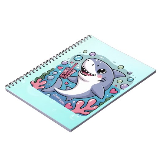 Schattigee Kawaii Shark Boba Tea blauw en roze Notitieboek (Linkerzijde)