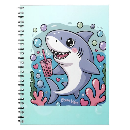 Schattigee Kawaii Shark Boba Tea blauw en roze Notitieboek (Voorkant)