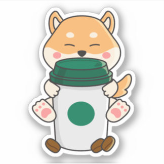 Schattigee kawaii shiba inu knuffelen een hete kof sticker