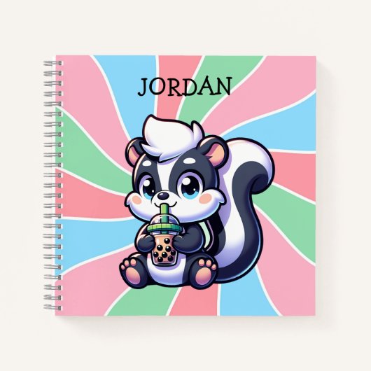 Schattigee Kawaii Skunk met Bubble Tea Gepersonali Notitieboek (Voorkant)