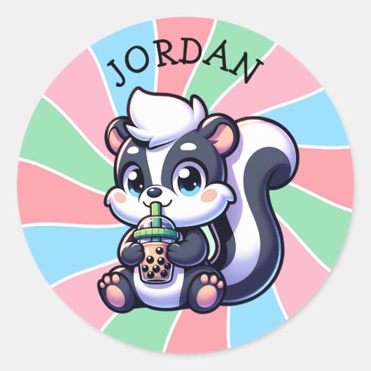 Schattigee Kawaii Skunk met Bubble Tea Gepersonali Ronde Sticker (Voorkant)