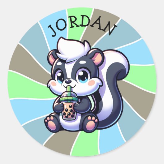 Schattigee Kawaii Skunk met Bubble Tea Gepersonali Ronde Sticker (Voorkant)