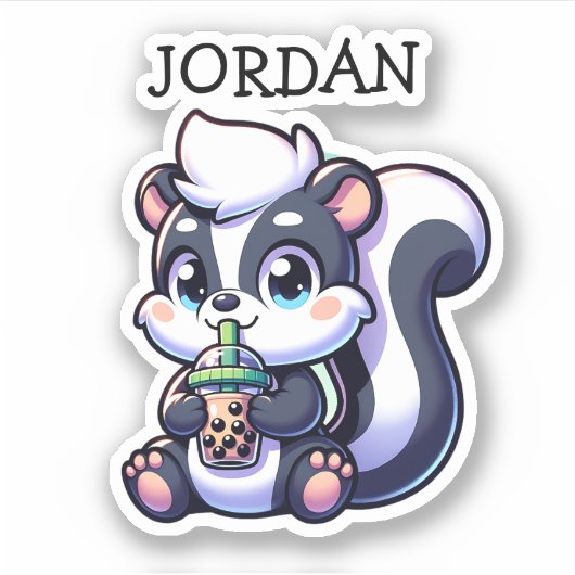 Schattigee Kawaii Skunk met Bubble Tea Gepersonali Sticker (Voorkant)
