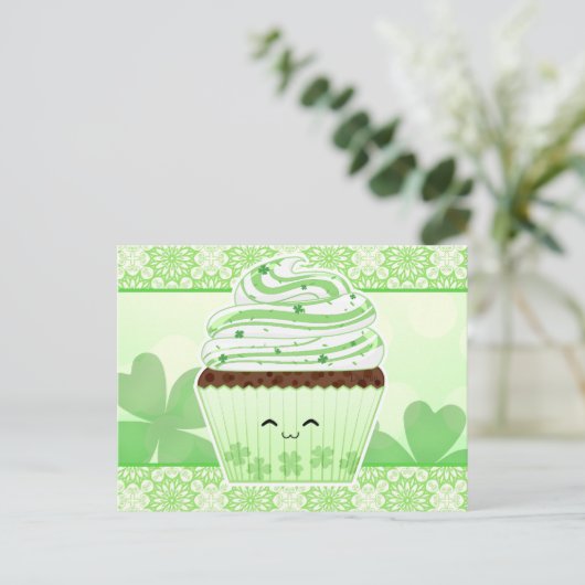 Schattigee kawaii St Patricks dag cupcake Briefkaart (Staand voorkant)