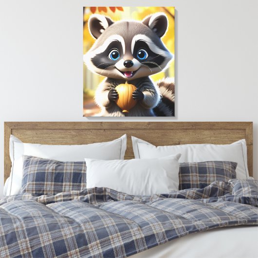 Schattigee Kawaii stijl Racoon met een eikel Canvas Afdruk (Insitu (Slaapkamer))