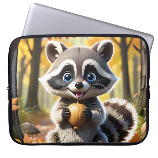 Schattigee Kawaii stijl Racoon met een eikel Laptop Sleeve (Voorkant)