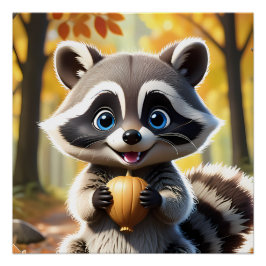 Schattigee Kawaii stijl Racoon met een eikel Perfect Poster