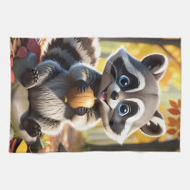 Schattigee Kawaii stijl Racoon met een eikel Theedoek