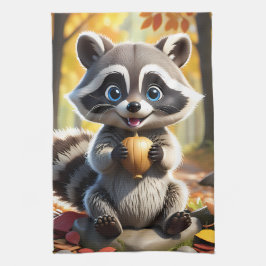 Schattigee Kawaii stijl Racoon met een eikel Theedoek