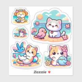 Schattigee kawaii strandkat Custom-Cut Vinyl Stick Sticker