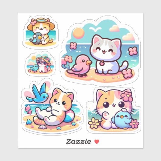 Schattigee kawaii strandkat Custom-Cut Vinyl Stick Sticker (Vel)