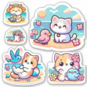Schattigee kawaii strandkat Custom-Cut Vinyl Stick Sticker (Voorkant)