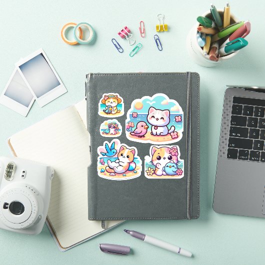 Schattigee kawaii strandkat Custom-Cut Vinyl Stick Sticker (iPad Cover)