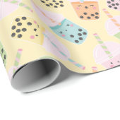 Schattigee Kawaii Style Bubble Tea op lichtgeel Cadeaupapier (Rol Hoek)
