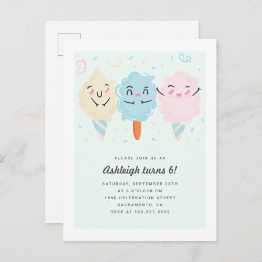 Schattigee Kawaii Sugar Snoep Kinderen Verjaardag Uitnodiging Briefkaart (Voorkant / Achterkant)