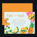 Schattigee Kawaii Summer Fun Under The Sun Verjaar Kaart<br><div class="desc">Vier het verjaardagsfeestje van je kind met deze leuke zomerverjaardagsuitnodigingen. Met een schattige kawaii krab,  meloen,  citroen,  ananas,  zeester en zwembad drijft. De woorden "Fun under the sun" verschijnen in een zoete typografie tegen een pastelblauwe achtergrond. Perfect voor zwembadfeesten of strandfeesten.</div>