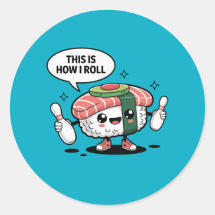 Schattigee Kawaii Sushi met bowlingpinnen Ronde Sticker