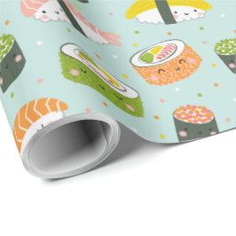 Schattigee Kawaii Sushi op lichtblauw Cadeaupapier